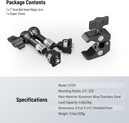 NEEWER 7" Articulating Magic Arm Clamp Mount with Super Clamp for DSLR and Action Camera
