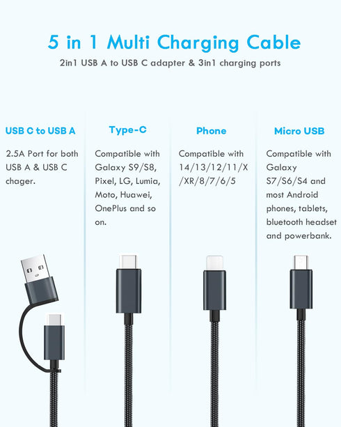 Multi Charging Cable 5 in 1, 2 Pcs 4FT USB C/A Multi Charger Cable to Type-C/Micro USB Port, Nylon Braided USB C Multiple Charger Cable, Universal Multi Phone Charger Cable for Cell Phones and More