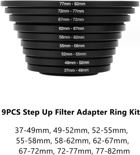 18 Pieces Filter Ring Adapter Set, Lightweight Aluminum Camera Lens Filter Stepping Rings Kit, 9 Pcs Step Up & 9 Pcs