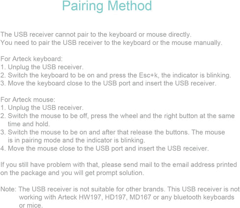 Arteck 2.4G Nano USB Receiver Wireless Keyboard or Mouse (Not for HW197, HD197, MD167 or Bluetooth Version)