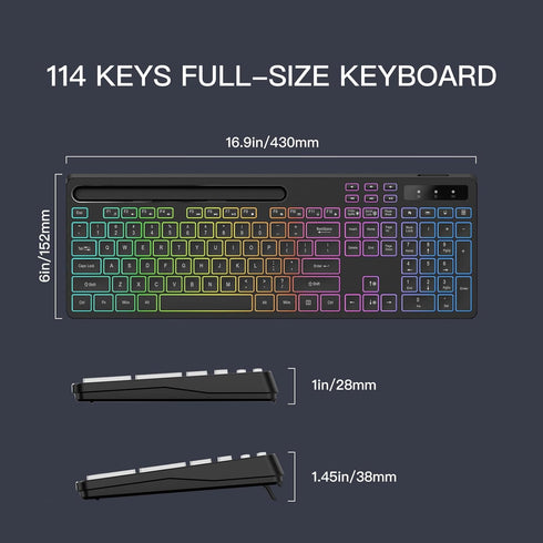 Wireless Keyboard with 7-Color RGB Backlit, Full-Size Computer Keyboard with Phone Tablet Holder, Rechargeable Gaming