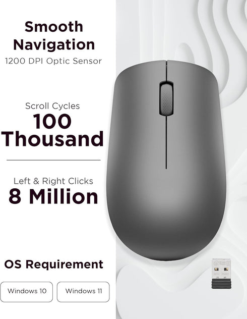 Lenovo 530 Full Size Wireless Computer Mouse for PC and Laptop, 2.4 GHz Nano USB Receiver, Ambidextrous Design,