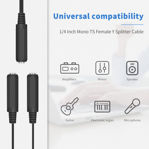 Duttek Y Cable, 6.35mm Mono TS Female to 2x6.35mm Mono TS Female Splitter, 20cm/8inch (635F-2FMTS)
