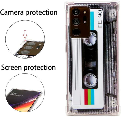 Galaxy Note 20 Ultra Case with Reinforced Corners, TPU Soft Bumper Retro Cassette Tape Case + Camera Lens Protector