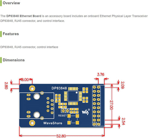 Waveshare DP83848 Ethernet Board Physical Transceiver Module with RJ45 Connector Control Interface Board Kit