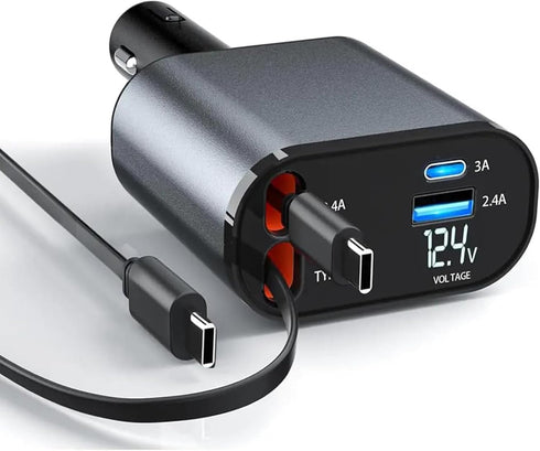 Retractable Car Charger, 4 in 1 Fast Phone Charger with Dual Retractable Cables and 2 Charging Ports