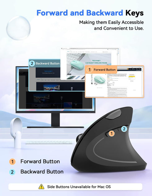 TECKNET Wireless Vertical Mouse, Ergonomic 4800 DPI Mouse with 5 Adjustable DPI Levels, 6 Buttons for Laptop, PC, Black