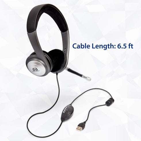 USB Wired Headset with Microphone for PC, Stereo Headphones with Boom Mic, In-Line Volume & Mic Mute Controls,