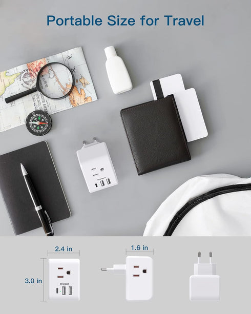 2 Pack European Travel Plug Adapter, One Beat International Power Adapter with 3 Outlets, 3 USB Ports for Europe Travel
