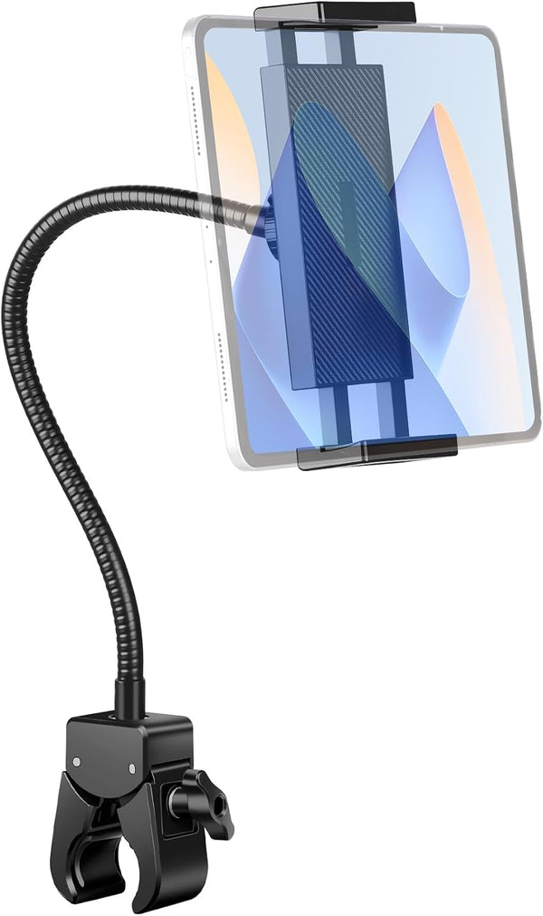 Evekea Gooseneck Tablet Holder, iPad Holder for Stroller/Treadmill/Golf Cart/Boat/Mic Stand/Wheelchair/Gym Bicycle Handlebar Clamp,