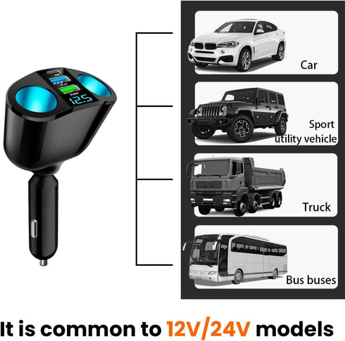 Cigarette Lighter Splitter, USB 2.4A & QC3.0 Type C with 2 Socket Adapter for iPhone 14/13/12/11 (A+C 66W)