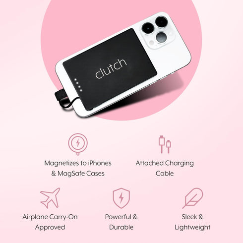Clutch Pro Portable Charger - 5000mAh Power Bank for iPhone 14 & Older, Magnetic Battery, TSA Approved (White)