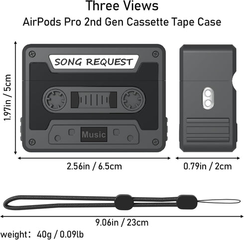 Cassette Tape Case Cover for AirPods Pro 2nd Generation, Shock Resistant, Washable, with Cleaning Kit & Lanyard