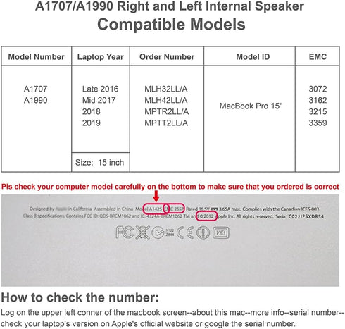 Right and Left Internal Speaker Replacement for MacBook Pro 15" A1707 (2016-2017) A1990 (2018-2019) Loudspeaker Retina