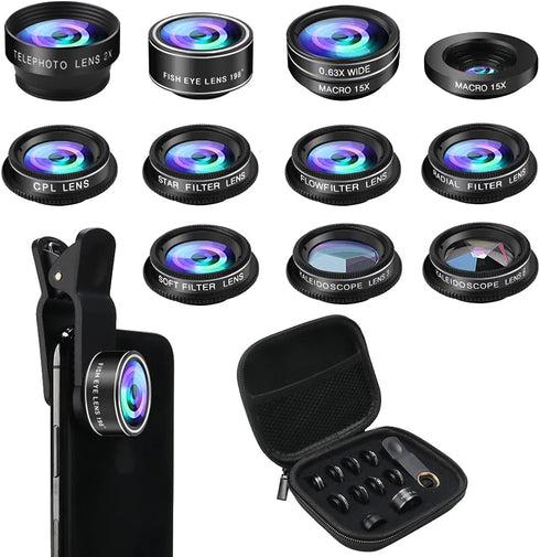 Phone Camera Lens Kit, 11 in 1 for iPhone and Android, Wide Angle, Macro, Telephoto, Filters