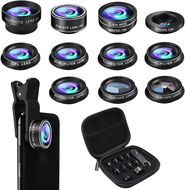 Phone Camera Lens Kit, 11 in 1 for iPhone and Android, Wide Angle, Macro, Telephoto, Filters