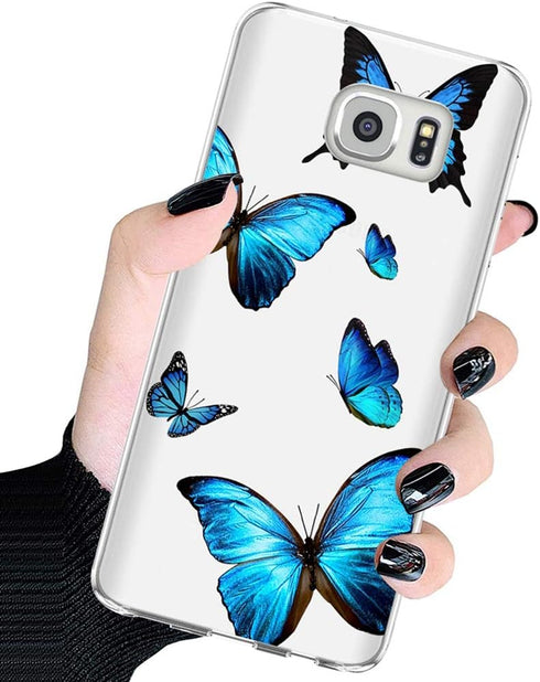 Clear Case Compatible with Galaxy S7 - Cute Soft TPU Shockproof Protective Phone Case Cover, Blue Butterfly
