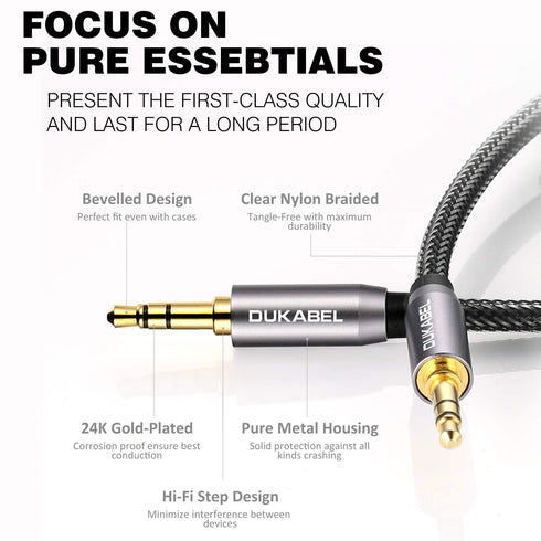 DUKABEL Top Series 3.5mm AUX Cable, 4 Feet Gold-Plated Nylon Braided Male to Male Stereo Audio Cord for Speakers