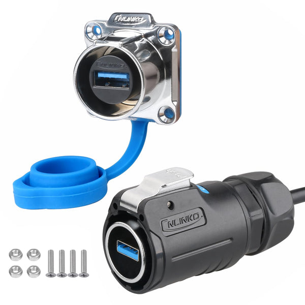 CNLINKO LP-24 USB3.0 Connector Set, Type A Female, Male Plug with 20 Inches Cable, Panel Mount Receptacles Socket IP68