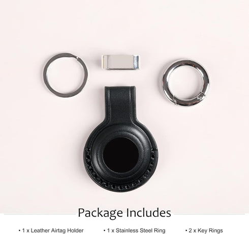 Genuine Leather Airtag Holder for Apple Airtag, Secure Keychain Holder with Stainless Steel Ring, Black V2.0