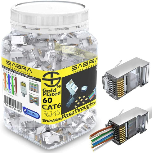 Shielded RJ45 Cat6/Cat6a Connectors - Gold Plated Pass Through 23AWG Modular Plugs (60 PCS)