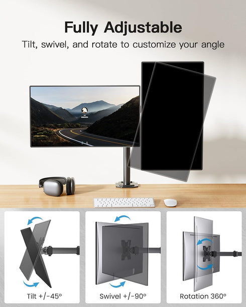 HUANUO Dual Monitor Mount for 2 Monitors up to 30 inches, Heavy Duty Stand with Adjustable Arm