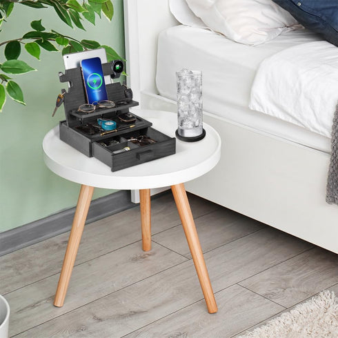 Black Wood Phone Docking Station - Nightstand Organizer for 3 Phones with Drawer for Valuables, Apple Watch Compatible