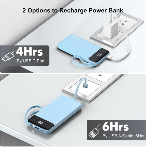 penaover 10000mAh 5 2 Pack 17/16/15/14 Portable Charger Power Bank with Built-in Cable, Output Input Travel Essential