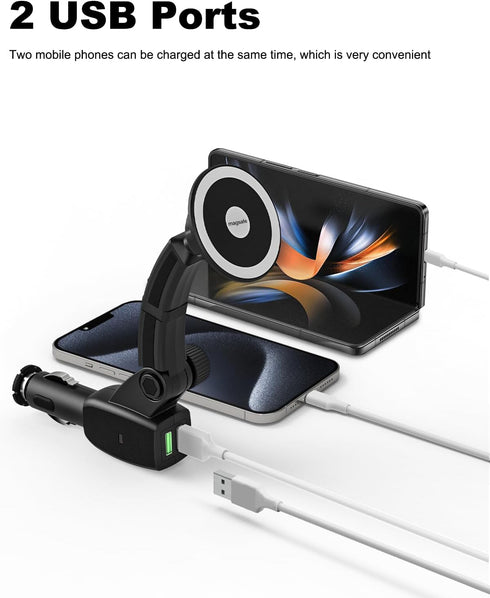 MagSafe Car Mount Cigarette Lighter, Dual USB Charger, Magnetic Phone Holder for iPhone 16/15/14/13/12