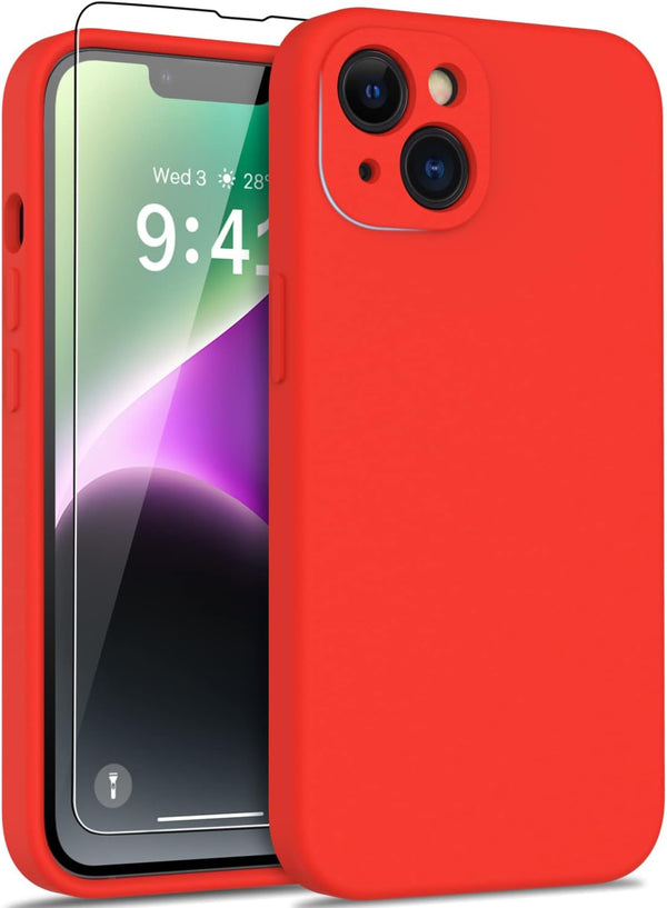 DEENAKIN iPhone 14 Case, Red Soft Liquid Silicone with Enhanced Camera Protection & Screen Protector