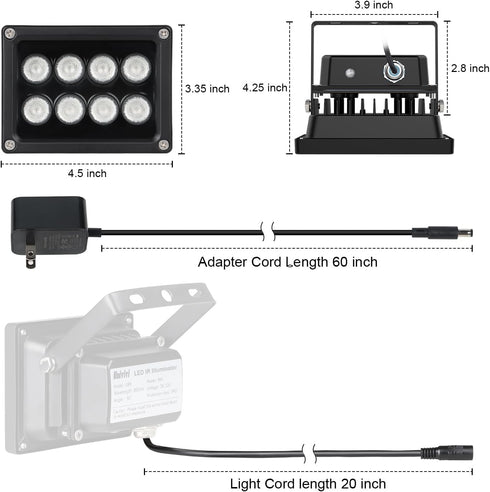 Univivi IR Illuminator 90 Degree Wide Angle 8-LEDs 850nm Infrared Light for Night Vision, IP67 Waterproof