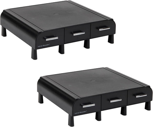 Mind Reader Monitor Stand with 3 Storage Drawers, Desktop Organizer Riser, Set of 2, 13.5"L x 13"W x 4"H, Black