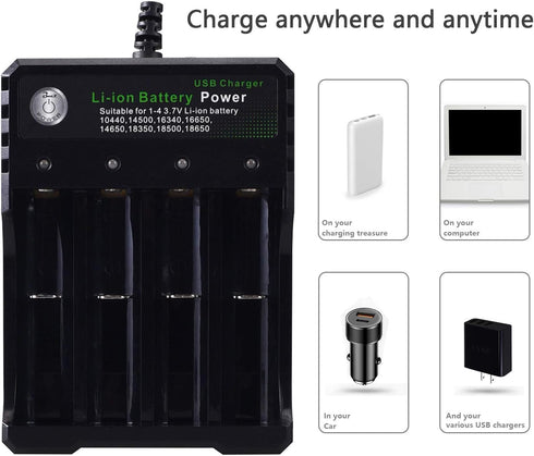 18650 Battery Charger 4 Bay Fast Charge for 3.7V Li-ion Batteries, USB Intelligent Universal Charger