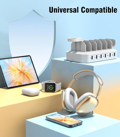 60W Phone Charging Station for Multiple Devices, 6-Port USB Charging Dock with 6 Cables for iPad, iPhone, Tablet, Cell
