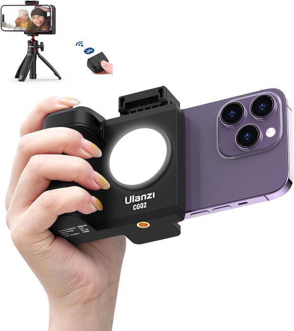 ULANZI CG02 Smartphone Camera Shutter Handle Grip, Detachable Wireless Bluetooth Remote, Adjustable Fill Light for Video