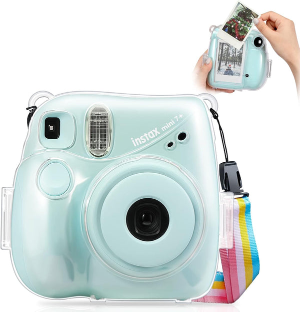 Fintie Clear Protective Case for Fujifilm Instax Mini 7+ Camera, Crystal Hard Shell Cover with Removable Rainbow Strap