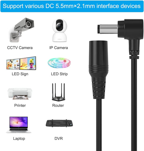 DC Extension Cable 5.5mm x 2.1mm 90 Degree Right Angle Male to Female Left Angle, 12V DC Power Extension Cable Cord