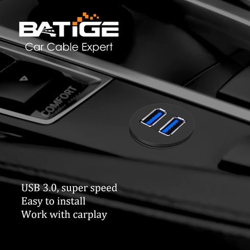 BATIGE 2 Ports Dual USB 3.0 Male to USB 3.0 Female AUX Flush Mount Car Extension Cable for Car Truck Boat Motorcycle,