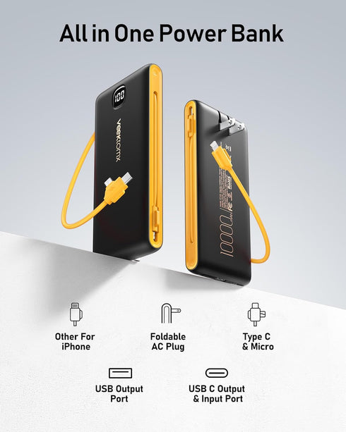 VEEKTOMX 10000mAh, Pack 17/16/15, Portable Charger with Built in Cables Power Bank for iPhone with Wall Plug, Travel