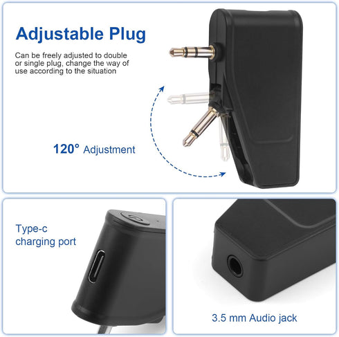 Bluetooth 5.3 Adapter for Wireless/Wired Headphones, 2 in 1 Airplane Bluetooth Adapter with 3.5mm Aux Jack, Compatible