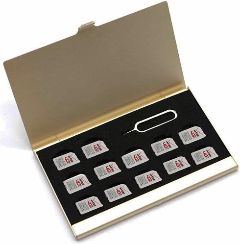 Aluminum SIM Card Case, Universal Waterproof Slim Mini Storage Case with 12 Nano SIM Card Slots, Gold