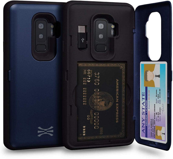 TORU CX PRO Case for Galaxy S9 Plus, Slim Shockproof Cover with Card Holder, Kickstand, Mirror, USB Adapter - Blue