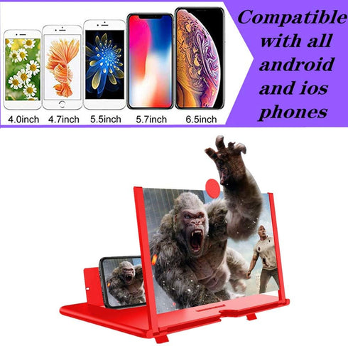 3D Screen Magnifier Amplifier - HD Projector for Movies & Games, Foldable Phone Stand for All Smartphones, Red