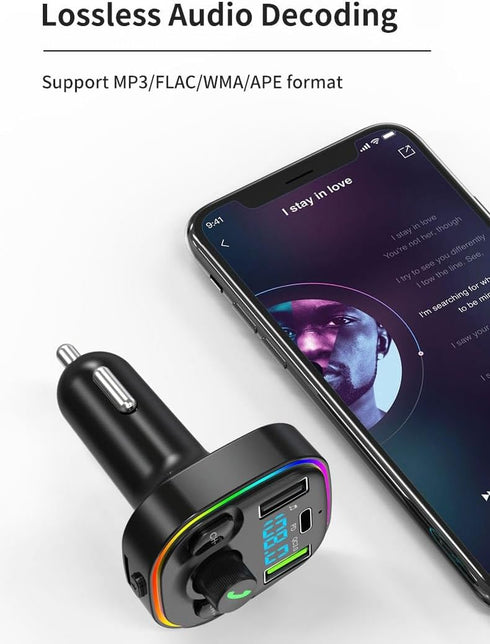 Bluetooth 5.3 FM Transmitter Car Adapter, Fast Charger with Hi-Fi Audio & Clear Calls, 7 Colors LED Backlit