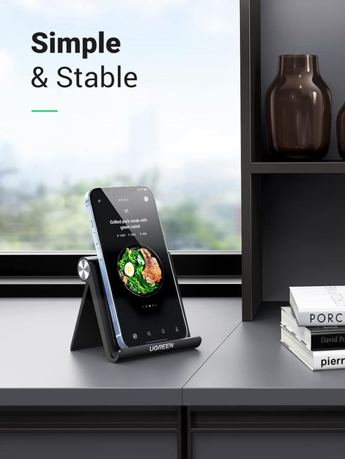 UGREEN Cell Phone Stand for Desk Phone Holder Foldable Portable Adjustable Compatible with iPhone 15 14 13 Pro Max, iPhone 12 11 Plus SE XS XR 8 7, Office Desk Travel Accessories, Black