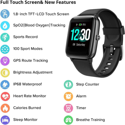 Fitpolo Fitness Tracker with Heart Rate Monitor, Smart Watch, 1.8 inches Color Touch Screen, IP68 Waterproof