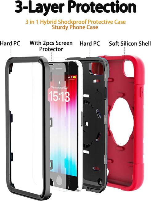 KCJ iPhone SE 2022/2020, 8/7/6/6S Case - Heavy Duty Full Body Protection with 2 Screen Protectors & Ring Stand