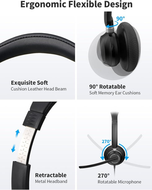 Headset (3.5mm Wired Headphones with Microphone for PC, On-Ear Computer Laptop USB with Noise Cancelling Microphone