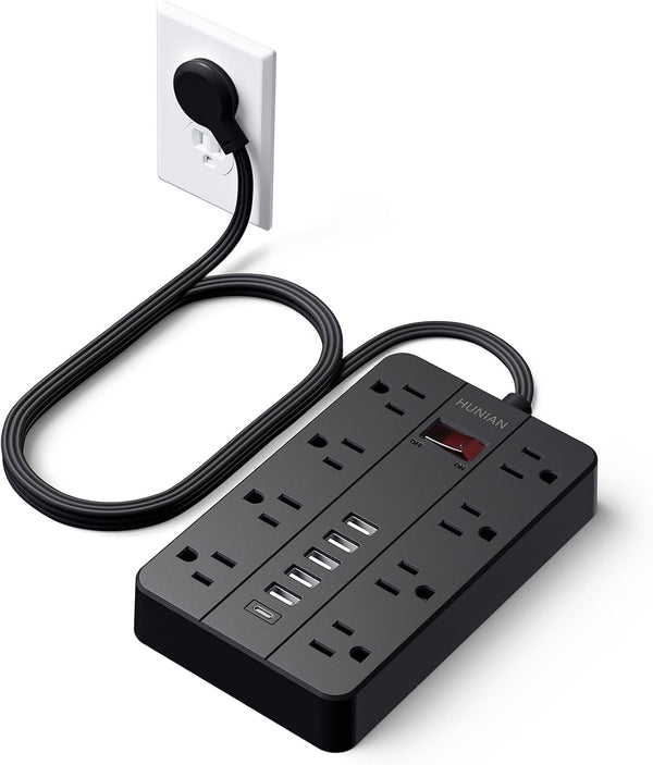 HUNIAN Power Strip with USB Ports, 5 Ft Extension Cord Flat Plug with