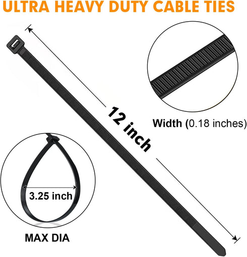 1200pcs 12 Inch, 50lb RAZCC Black Cable Zip Ties Heavy Duty Plastic Nylon Tie Wraps with Tensile Strength for Indoor